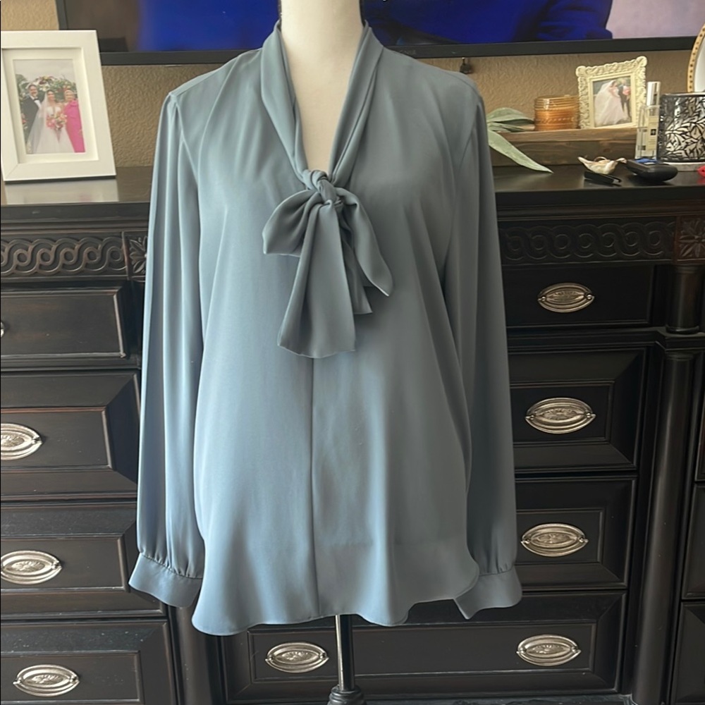 Ann Taylor Green Long Sleeve Tie Front Blouse EUC